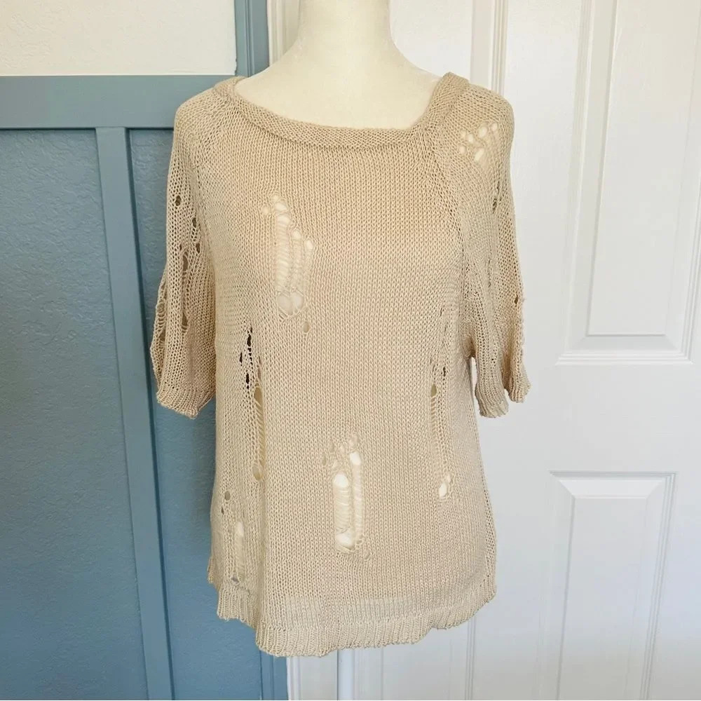 POL Cream Knit Distressed Short Sleeve Sweater Top